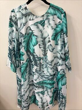 New York & Company Eva Mendes Tropical Leaf Dress- Teal Green & Gray on White